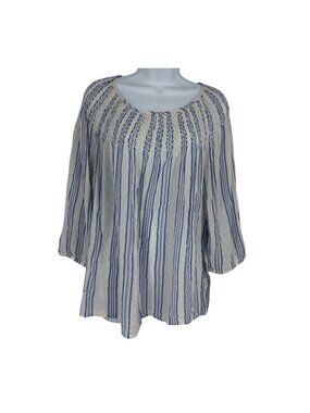 J.Jill Women's Blue & White Striped Smocked Boho Tunic Top Size XL